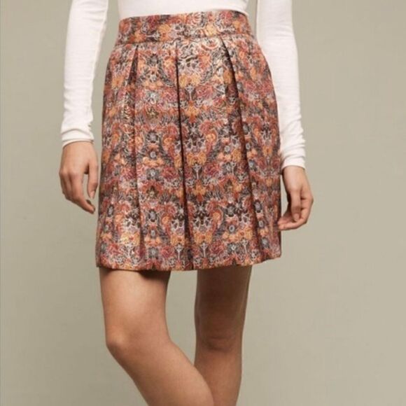 Maeve Anthropologie Rosia Red Floral Pleated Brocade Skirt SM Boho Chic Princess - Picture 1 of 13